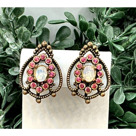 Vintage Inspired Opal and Pink Rhinestone Antique Bronze Screw back Earrings - Picture 6 of 8